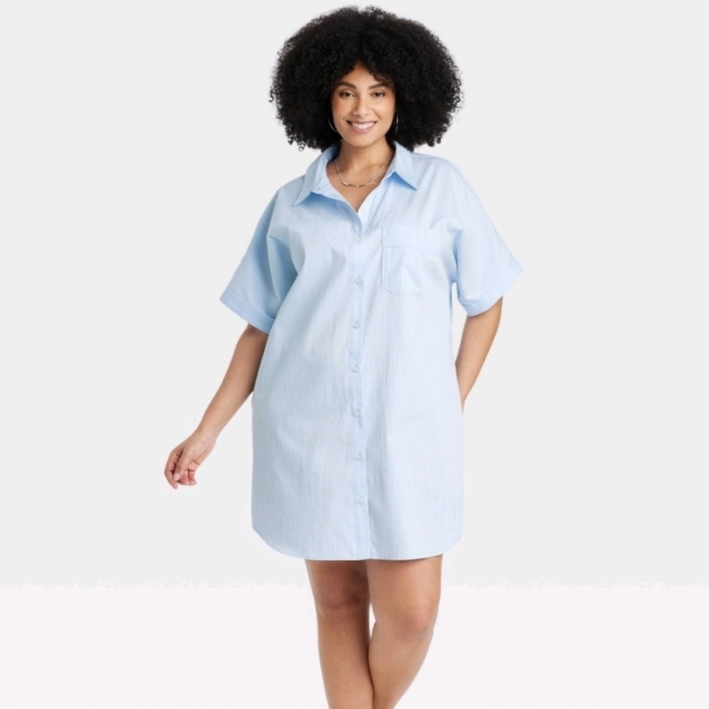 Women's Easy Woven Mini Shirt Dress - A New Day Blue Striped 2X
